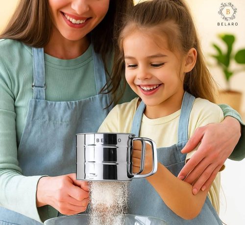 Flour Sifter, Stainless Steel Sifter for Baking, Double Layer Fine Mesh Baking Sifter, One Hand Press Crank Sifter for Powdered Sugar Shaker Duster, Flour Sieve Sifter for Baking Cakes Rondauno