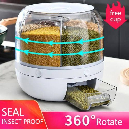 360° Rotating Rice Barrel, 6-Grids Rice Storage Dry Food Dispenser Grain Storage Dried Fruit Food Storage Box