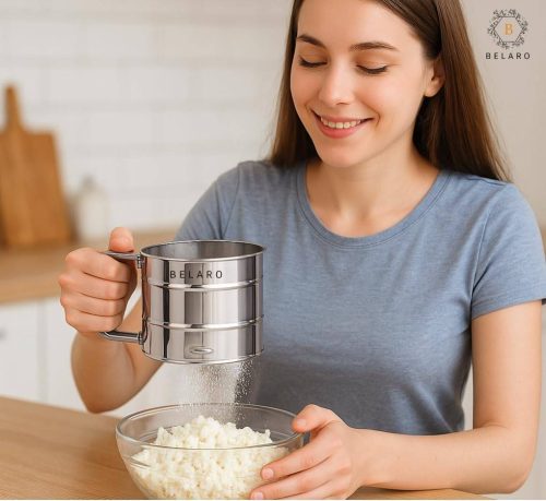 Flour Sifter, Stainless Steel Sifter for Baking, Double Layer Fine Mesh Baking Sifter, One Hand Press Crank Sifter for Powdered Sugar Shaker Duster, Flour Sieve Sifter for Baking Cakes Rondauno