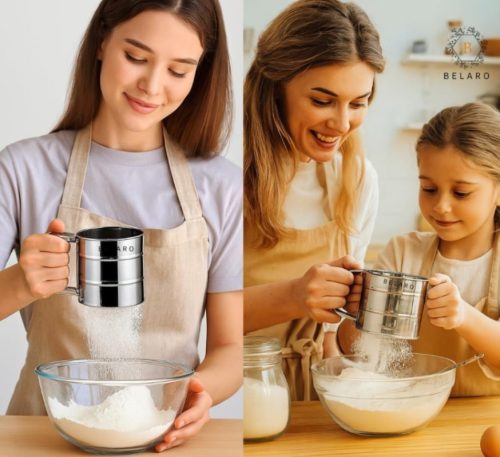Flour Sifter, Stainless Steel Sifter for Baking, Double Layer Fine Mesh Baking Sifter, One Hand Press Crank Sifter for Powdered Sugar Shaker Duster, Flour Sieve Sifter for Baking Cakes Rondauno
