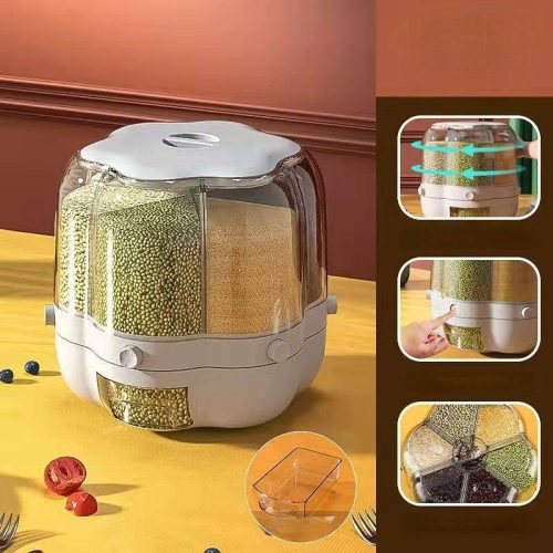 360° Rotating Rice Barrel, 6-Grids Rice Storage Dry Food Dispenser Grain Storage Dried Fruit Food Storage Box