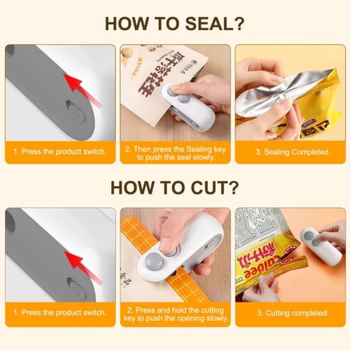 Mini Bag Sealer, Rechargeable Heat Sealer, 2 in 1 Chip Bag Sealer & Cutter, Mini Bag Sealer Machine, Portable Handheld Food Sealer for Plastic Bags