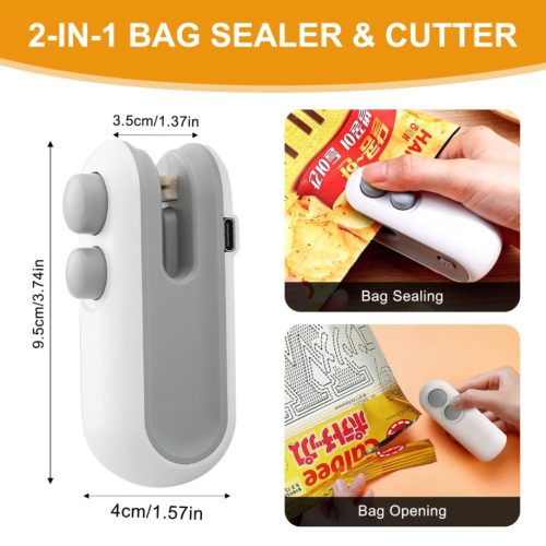 Mini Bag Sealer, Rechargeable Heat Sealer, 2 in 1 Chip Bag Sealer & Cutter, Mini Bag Sealer Machine, Portable Handheld Food Sealer for Plastic Bags