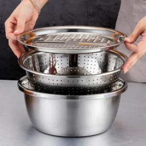 Stainless steel 3 in 1 vegetable cutter & drain basket, 3 In 1 Multifunctional Stainless Steel Basin With Vegetable Cutter + Drain Basket.