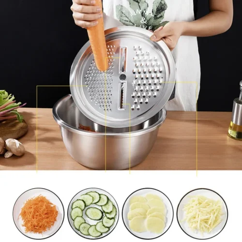 Stainless steel 3 in 1 vegetable cutter & drain basket, 3 In 1 Multifunctional Stainless Steel Basin With Vegetable Cutter + Drain Basket.