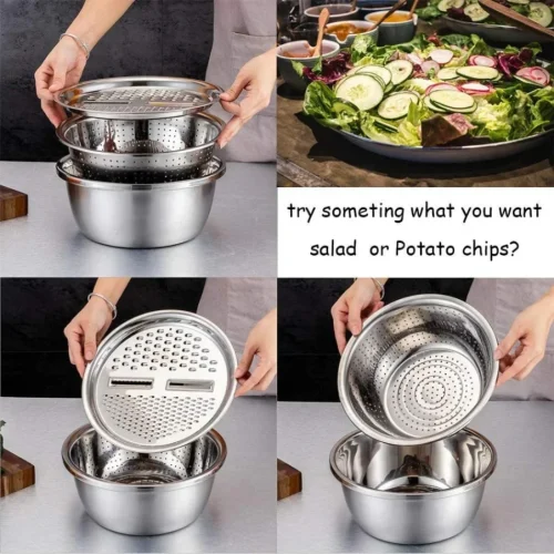 Stainless steel 3 in 1 vegetable cutter & drain basket, 3 In 1 Multifunctional Stainless Steel Basin With Vegetable Cutter + Drain Basket.
