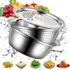 Stainless steel 3 in 1 vegetable cutter & drain basket, 3 In 1 Multifunctional Stainless Steel Basin With Vegetable Cutter + Drain Basket.