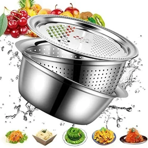 Stainless steel 3 in 1 vegetable cutter & drain basket, 3 In 1 Multifunctional Stainless Steel Basin With Vegetable Cutter + Drain Basket.